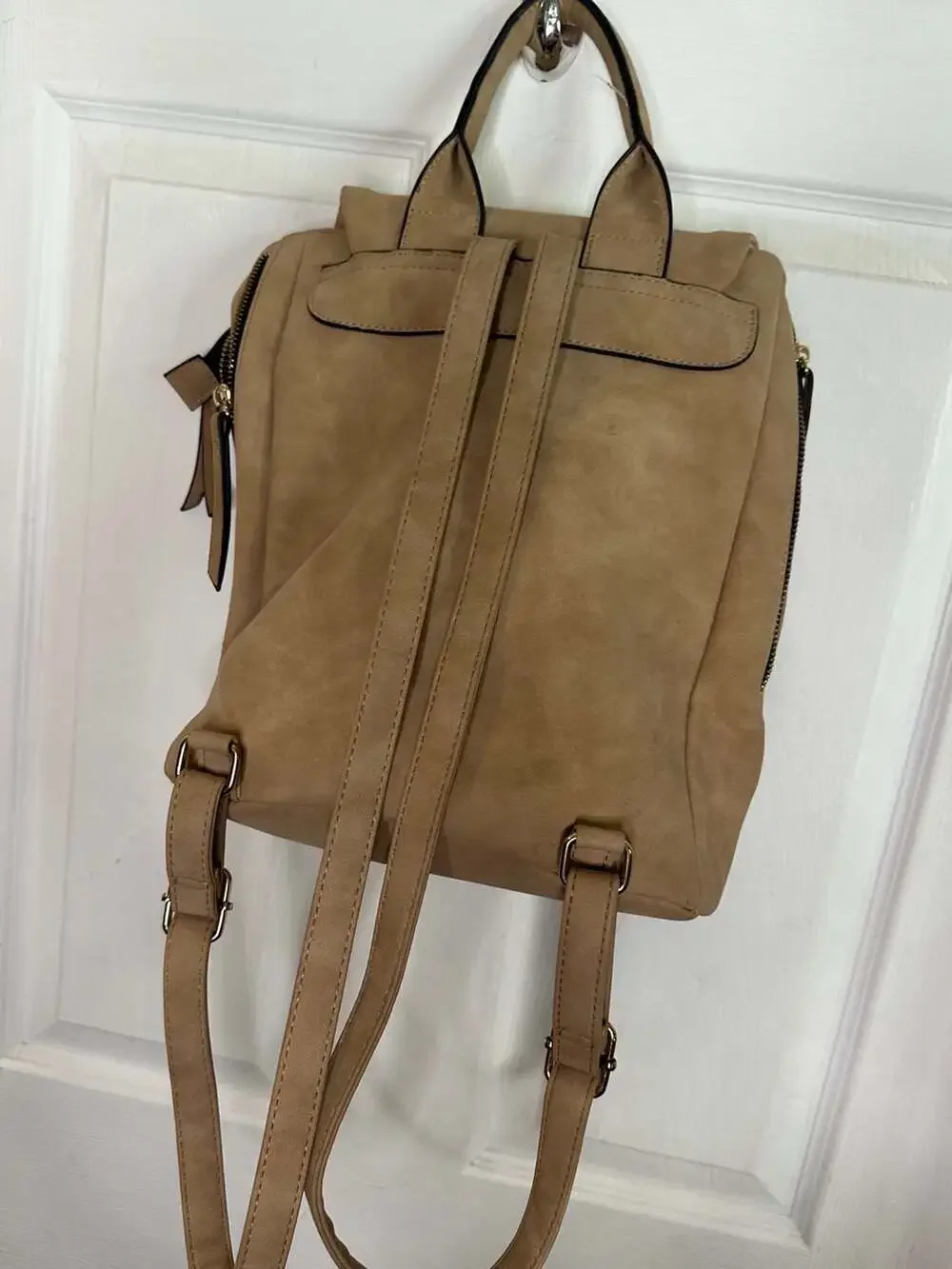 OKPTA Tan Faux Suede Foldover Convertible Backpack Purse